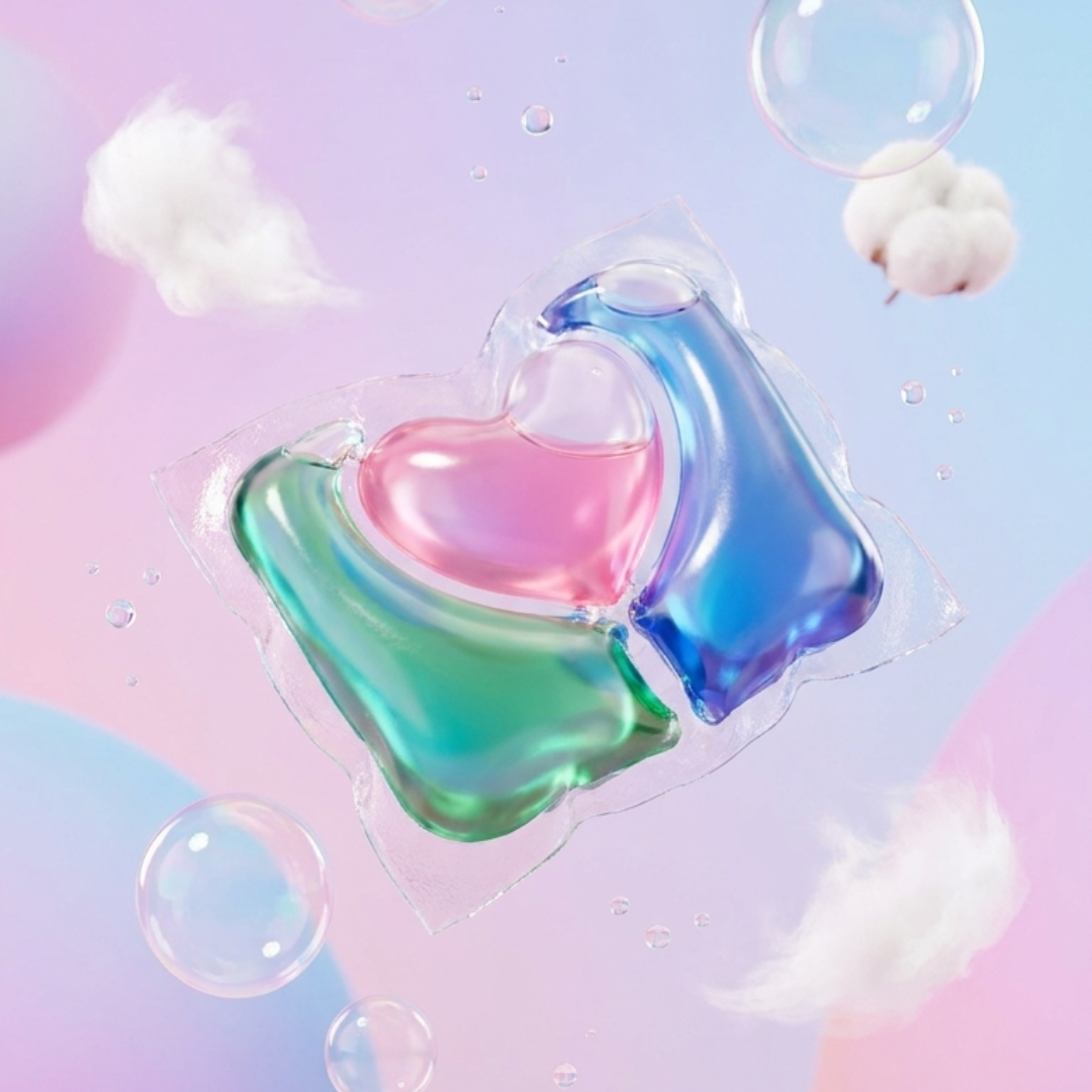Heart-shaped 3-in-1 laundry pod with pink, green, and blue chambers floating among bubbles and clouds on a pastel gradient background