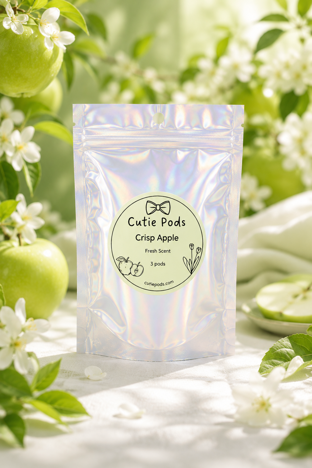 Cutie Pods Crisp Apple 3-pod sampler pouch with green apples and white blossoms