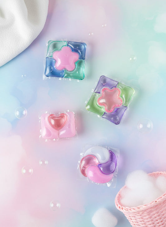 Flat lay of four Cutie Pods laundry pod shapes including heart, flower and swirl pods on a pastel background