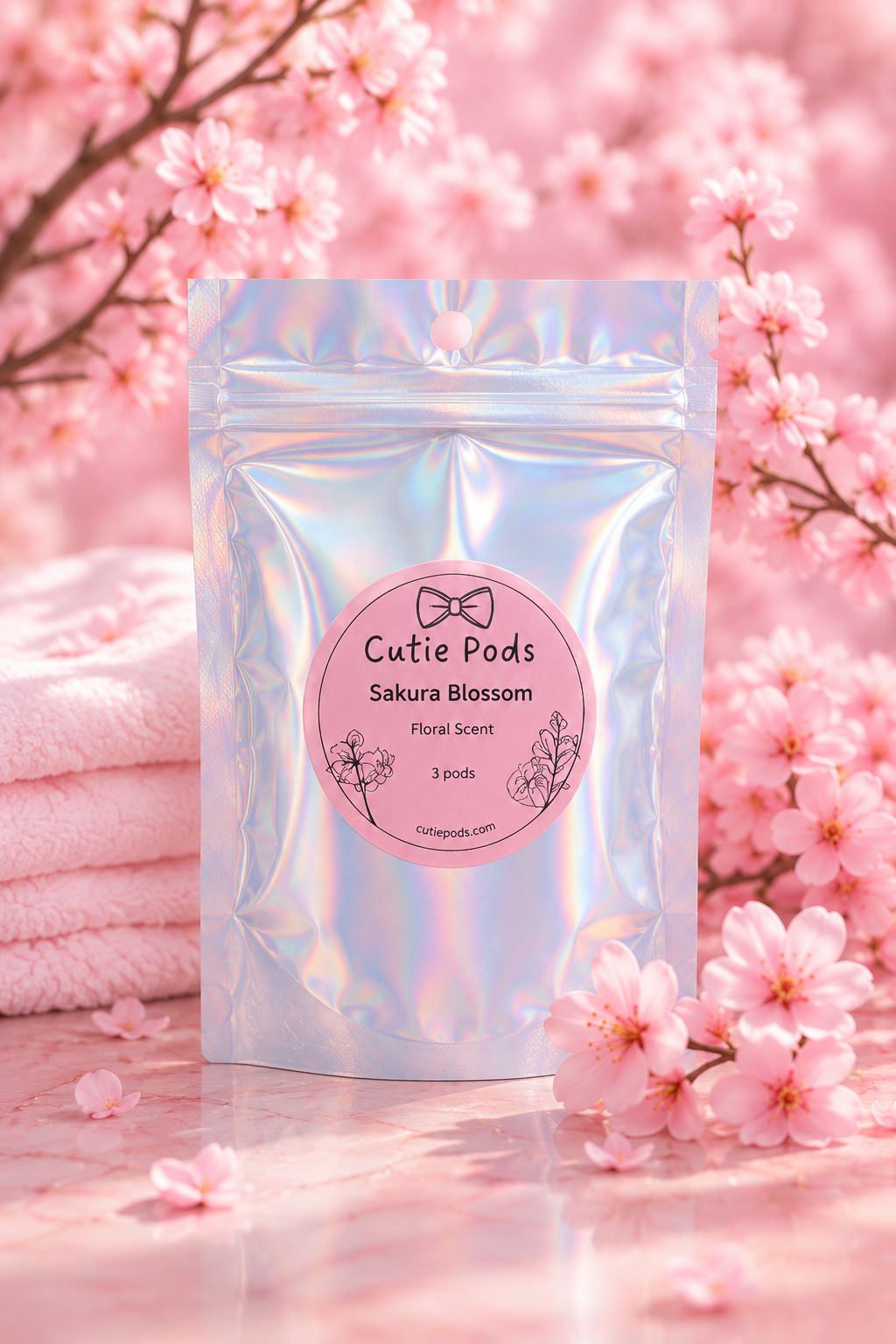 Cutie Pods Sakura Blossom 3-pod sampler pouch with cherry blossoms and folded pink towels