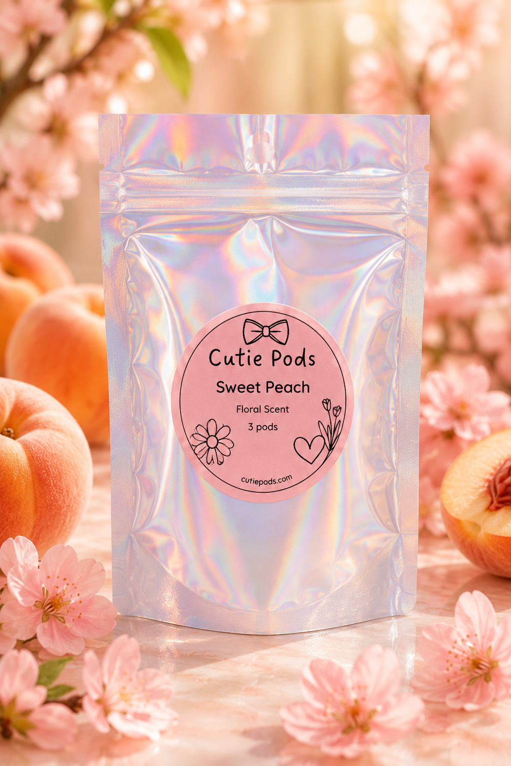 Cutie Pods Sweet Peach 3-pod sampler pouch with fresh peaches and blossoms