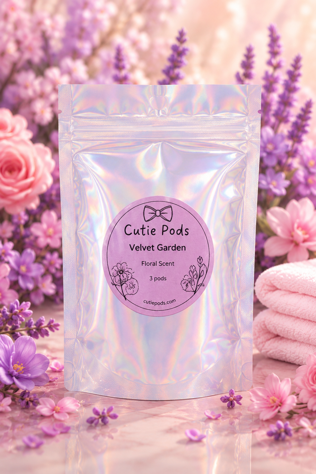 Cutie Pods Velvet Garden 3-pod sampler pouch with lavender, roses and folded pink towels