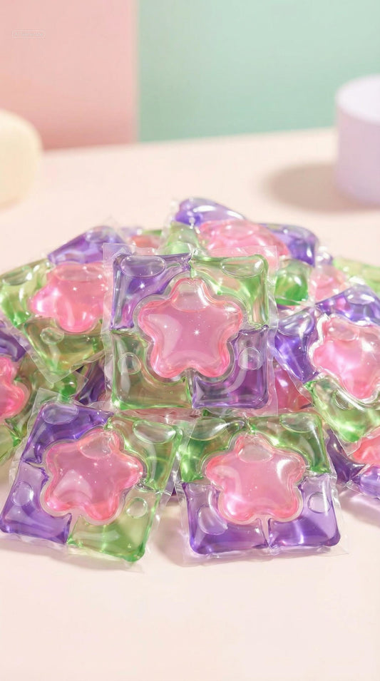 Pile of Flower Pod laundry pods in Velvet Garden with pink flower centres and purple and green chambers