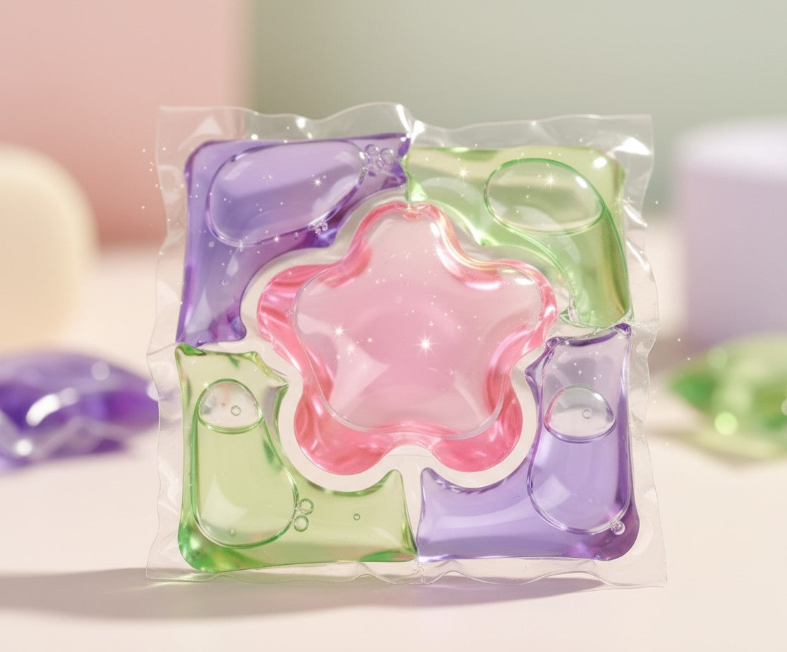 Single Flower Pod laundry pod with a pink flower centre surrounded by purple and green chambers