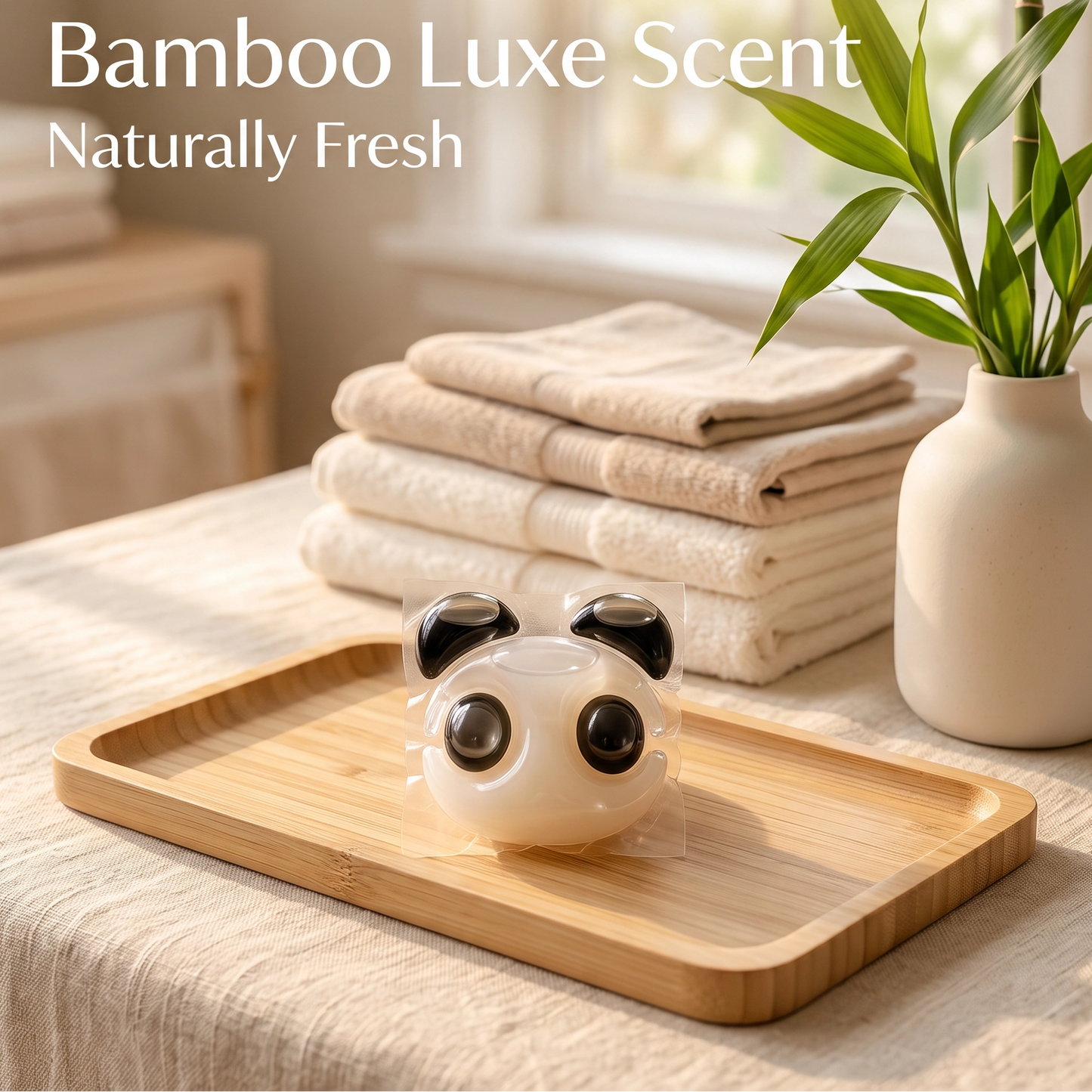 Panda Pod laundry pod on a bamboo tray beside folded towels and a bamboo stem, with the text "Bamboo Luxe Scent — Naturally Fresh"