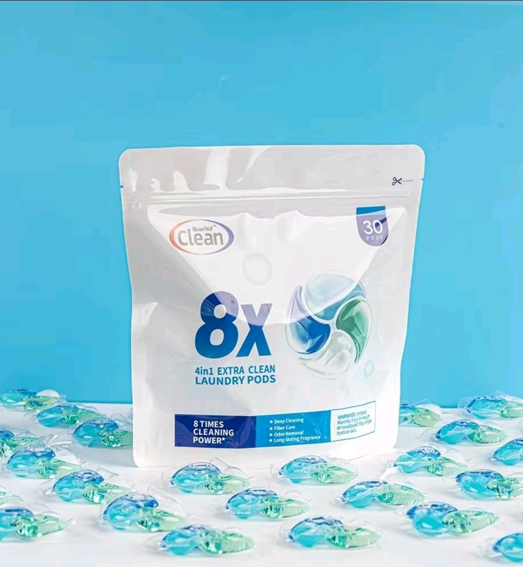 Resealable pouch of 4-in-1 Swirl Pod laundry pods with pods arranged in front on a blue background